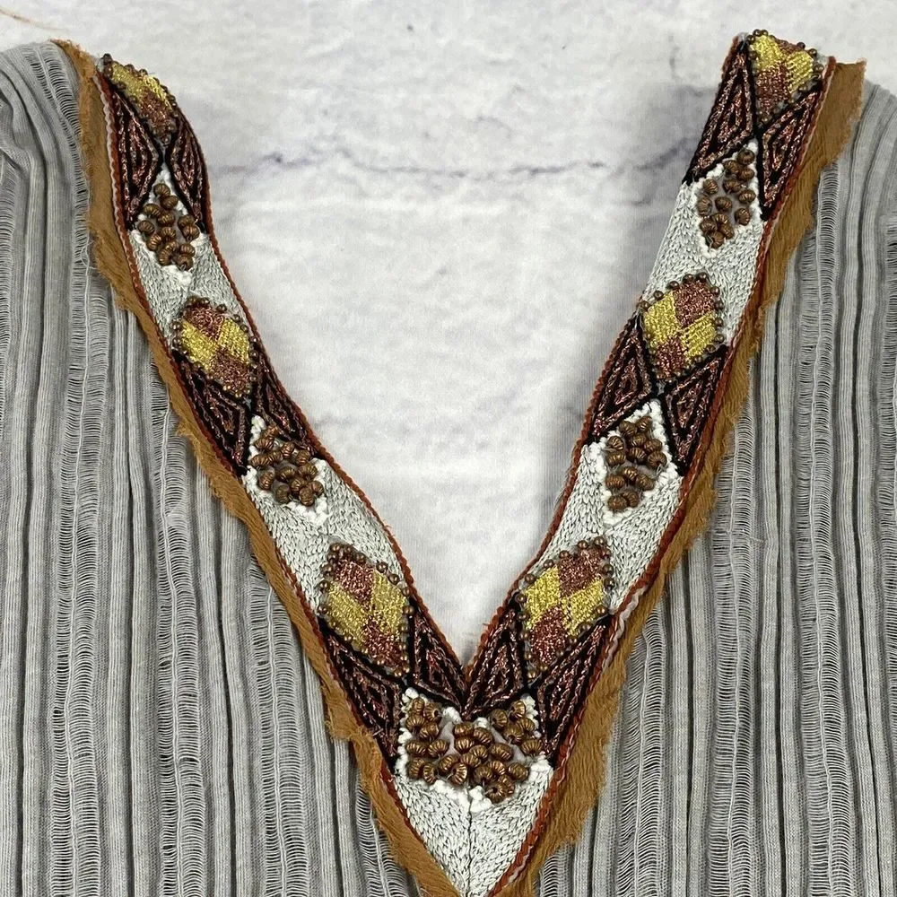 Free People Silver Sheer Sleeveless Shirt Tunic Beaded Collar Size‎ S/P Tribal